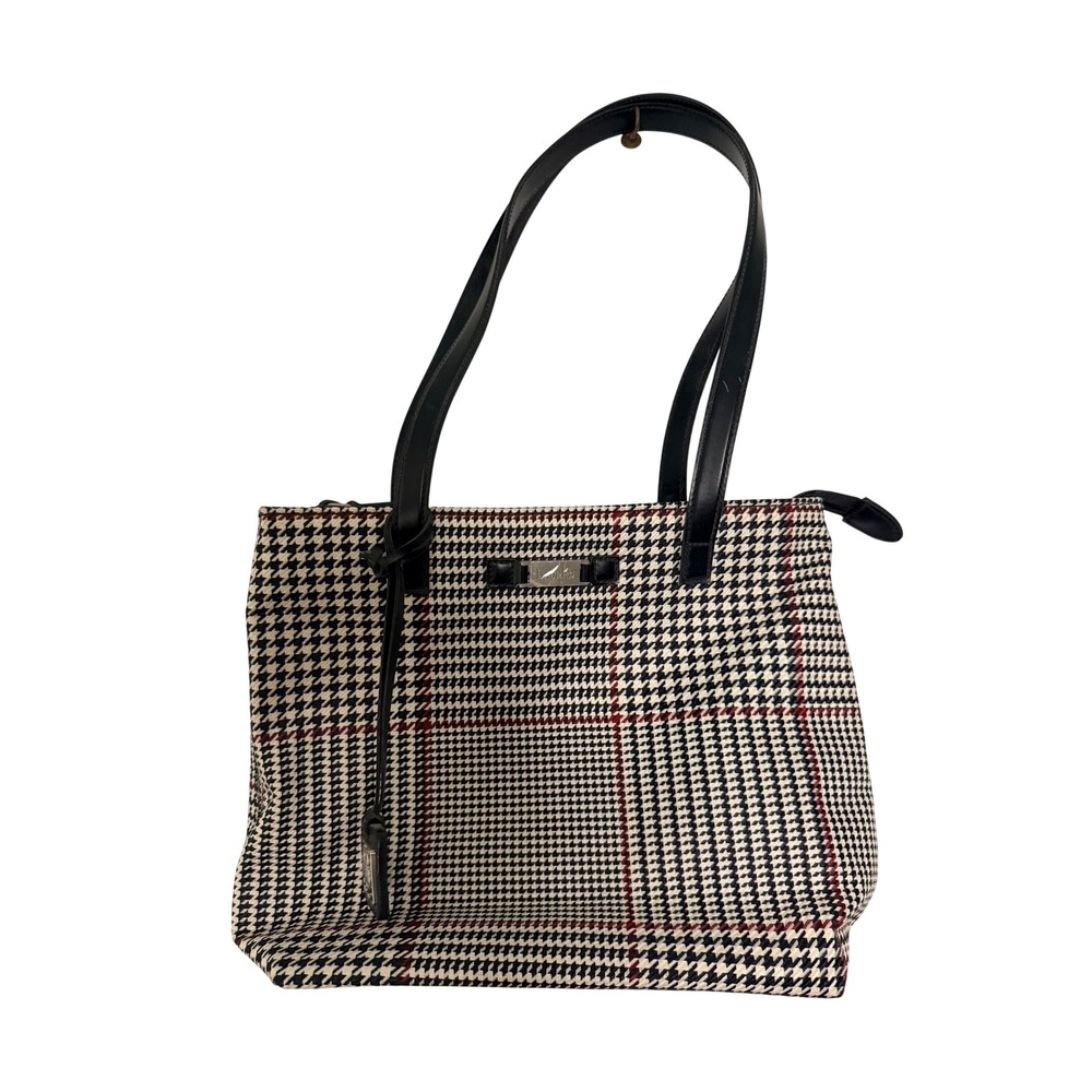 Lauren Ralph Lauren Houndstooth Plaid Tote Shoulder Bag Black White Red Preppy